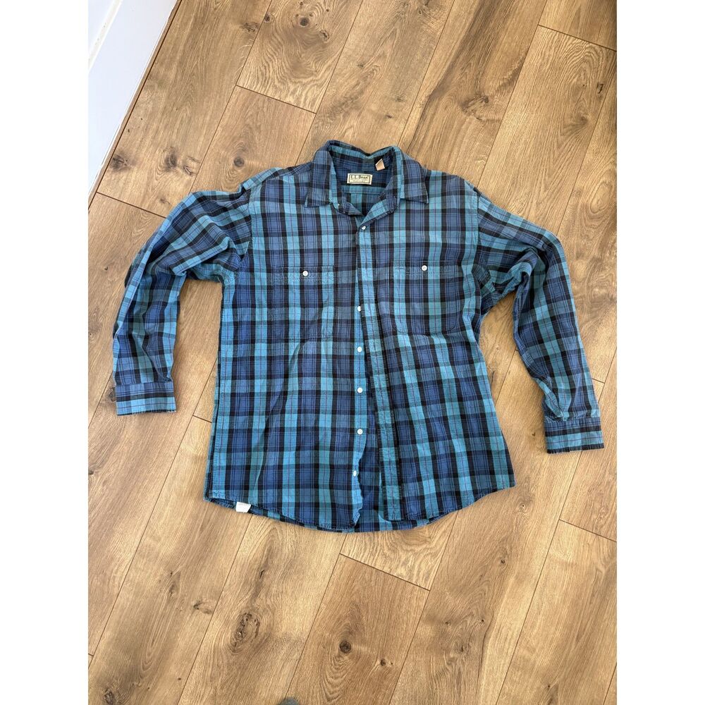l.l. BEAN L VTG Vintage Blue plaid button down Cotton made in usa shirt